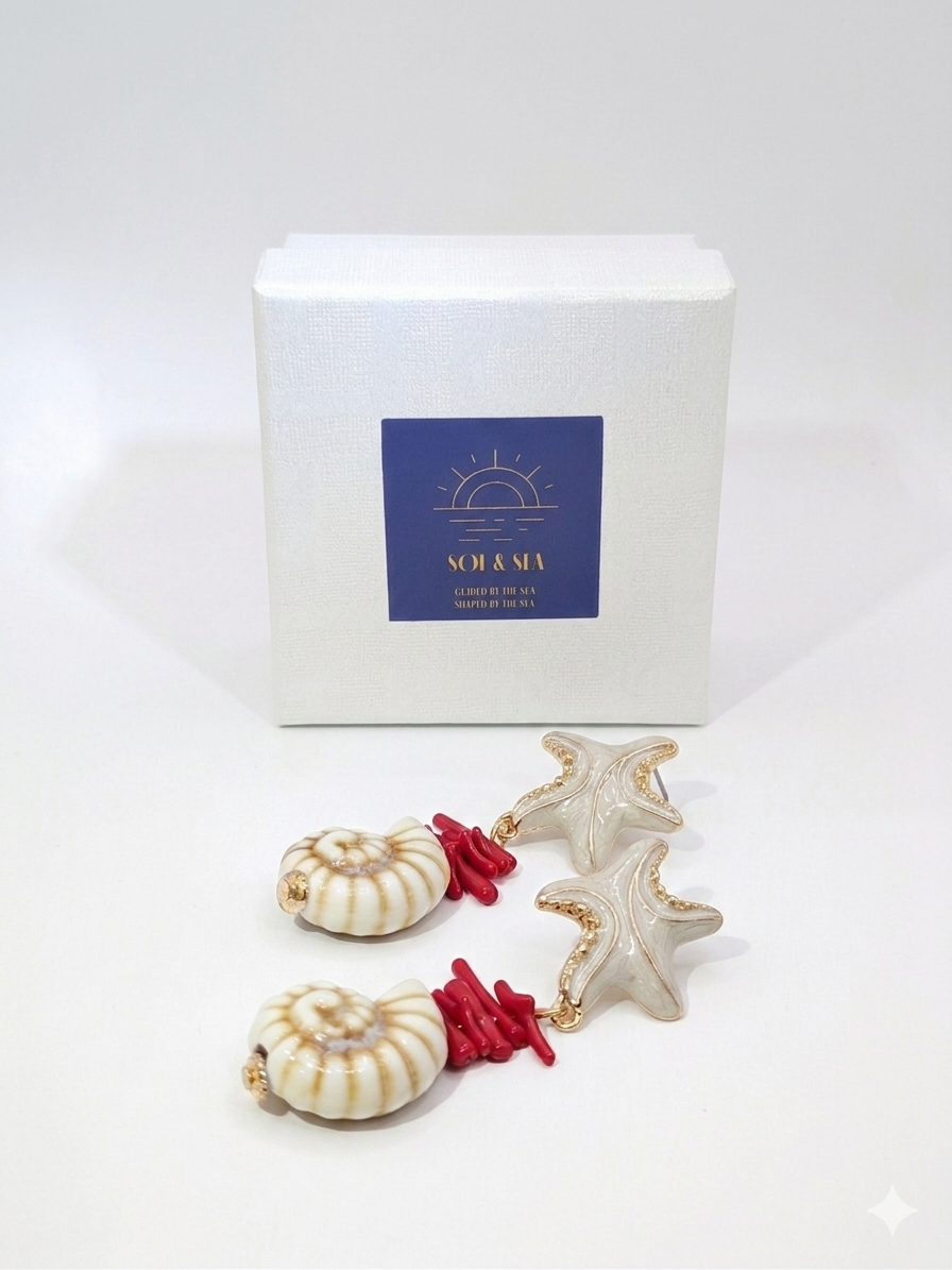 Sol & Sea Artisanal Coastal Collection: Celestial Starfish and Oceanic Shell Drop Earrings