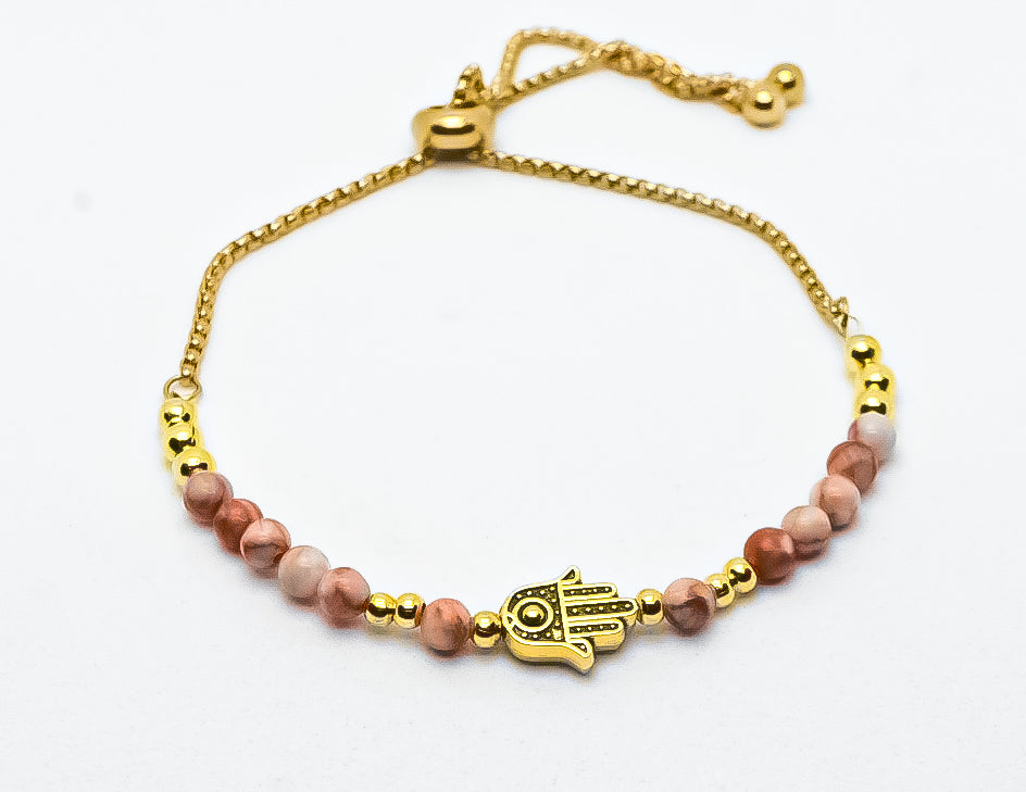 Protection Hamsa Eye Red Web Rhodonite 4mm adjustable handmade bracelet