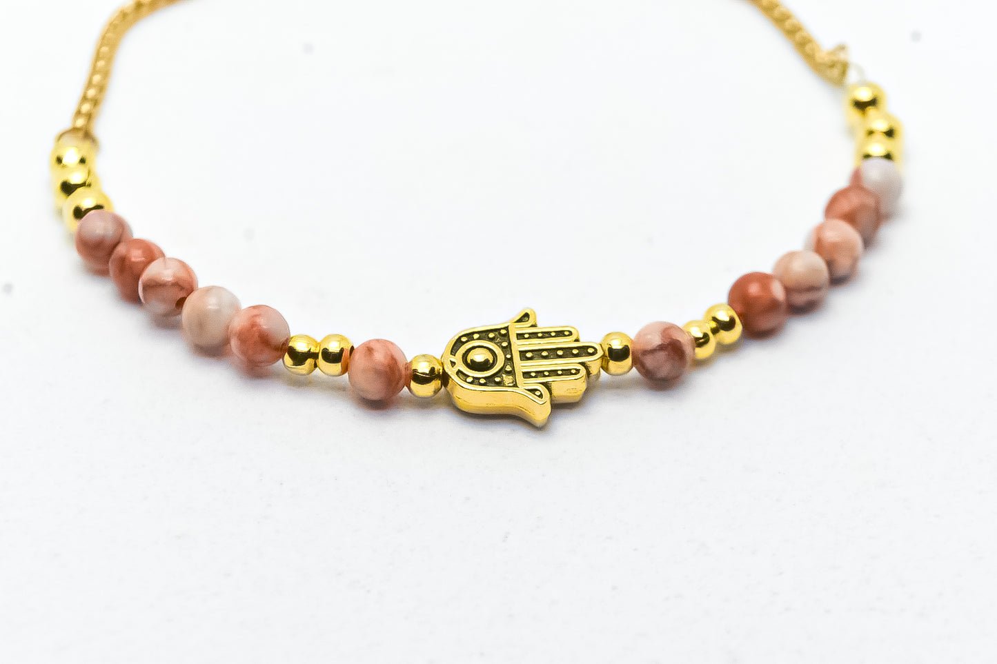 Protection Hamsa Eye Red Web Rhodonite 4mm adjustable handmade bracelet