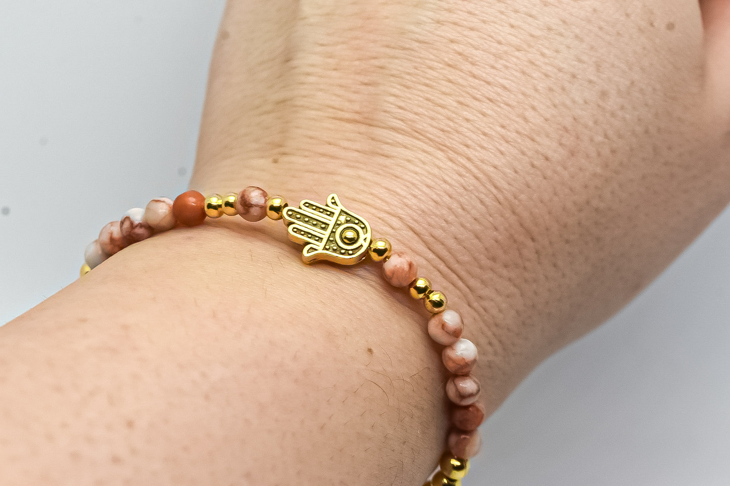 Protection Hamsa Eye Red Web Rhodonite 4mm adjustable handmade bracelet