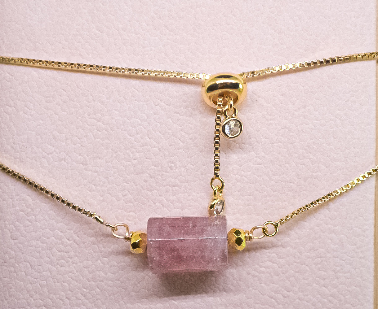 Realm Facet Natural Strawberry Quartz handmade bracelet adjustable chain with Zircones