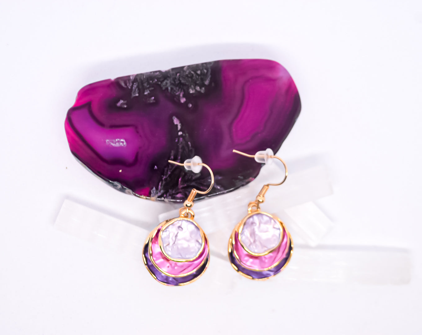 Gold Colour Block Enamel Geo Round Fuchia Dangle Earrings Boho