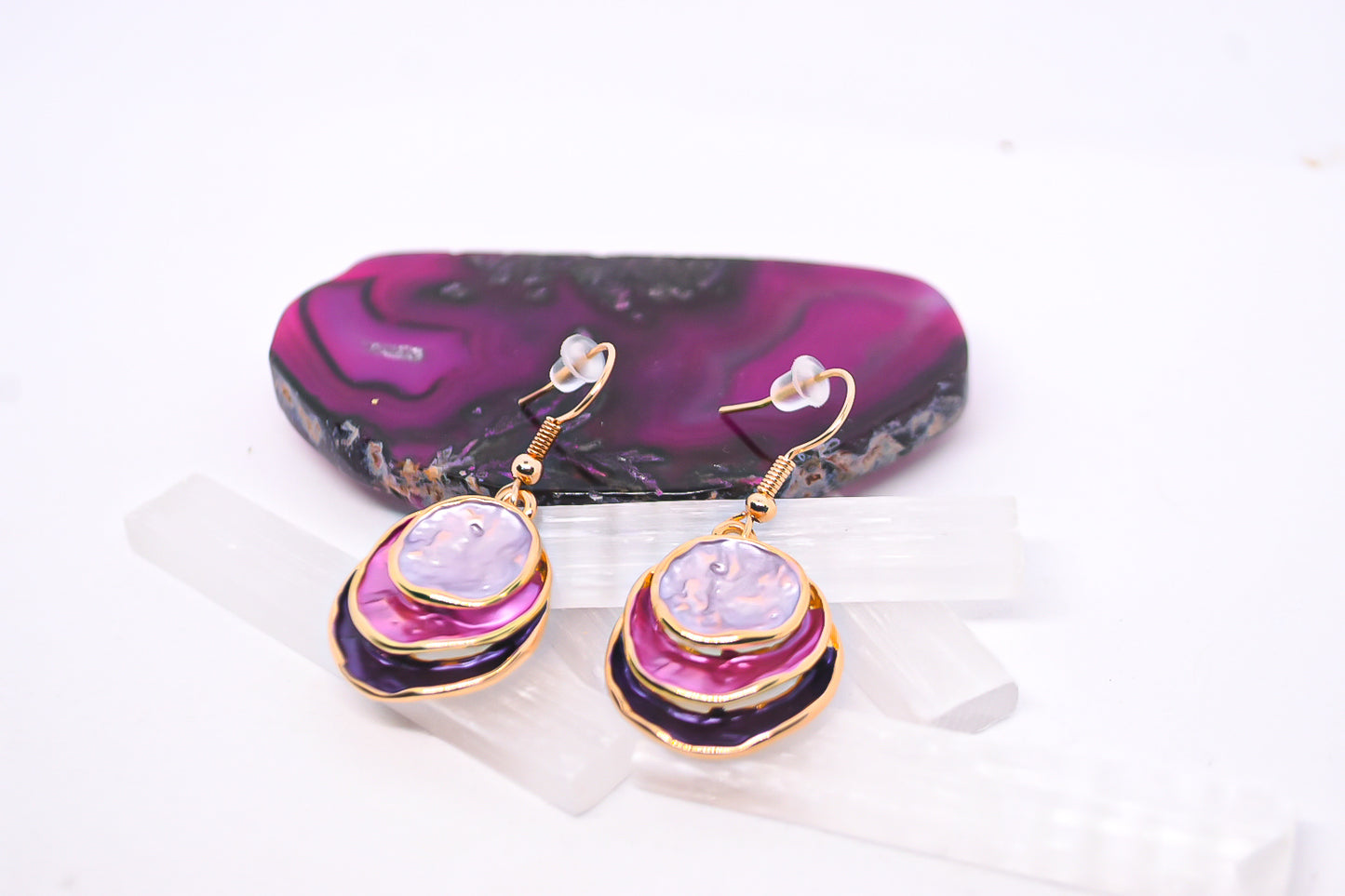 Gold Colour Block Enamel Geo Round Fuchia Dangle Earrings Boho