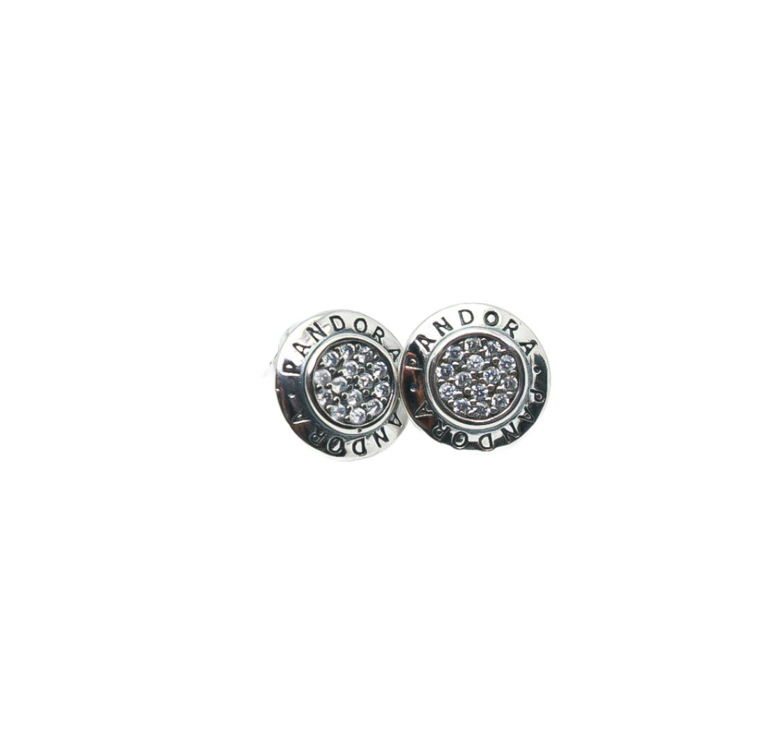 PANDORA Signature LOGO Stud Earrings CZ Sterling Silver