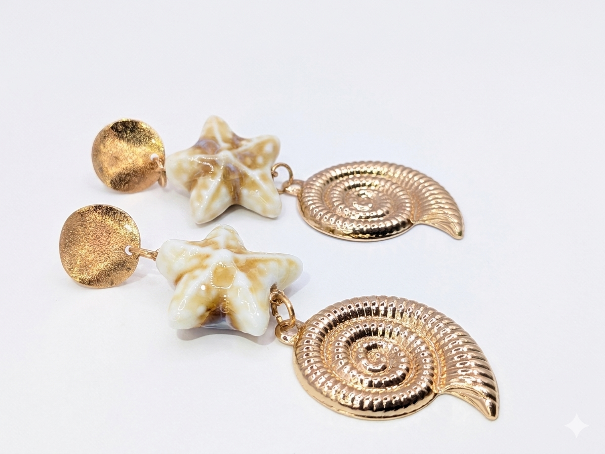 Surya Gold Seashell and ceramic Starfish Drop Earrings