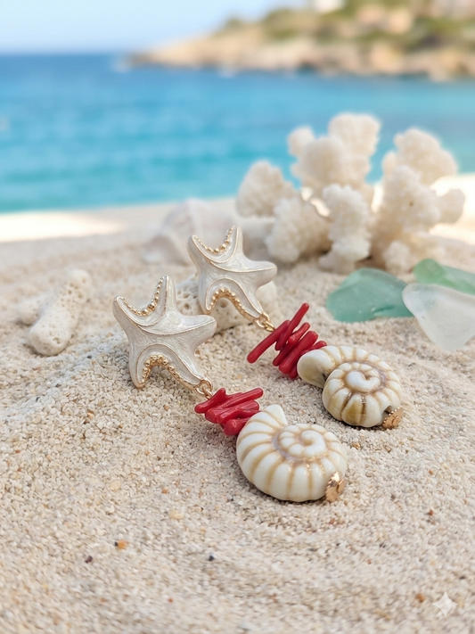 Sol  & Sea Artisanal Coastal Collection: Celestial Starfish and Oceanic Shell Drop Earrings