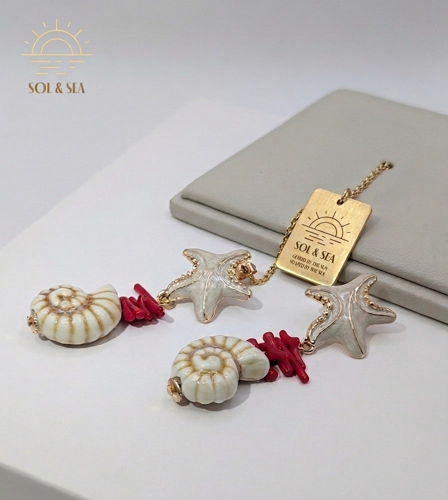 Sol  & Sea Artisanal Coastal Collection: Celestial Starfish and Oceanic Shell Drop Earrings