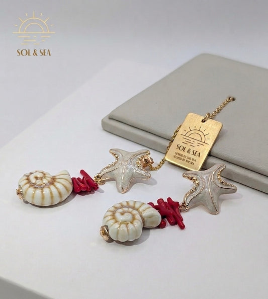 Sol & Sea Artisanal Coastal Collection: Celestial Starfish and Oceanic Shell Drop Earrings