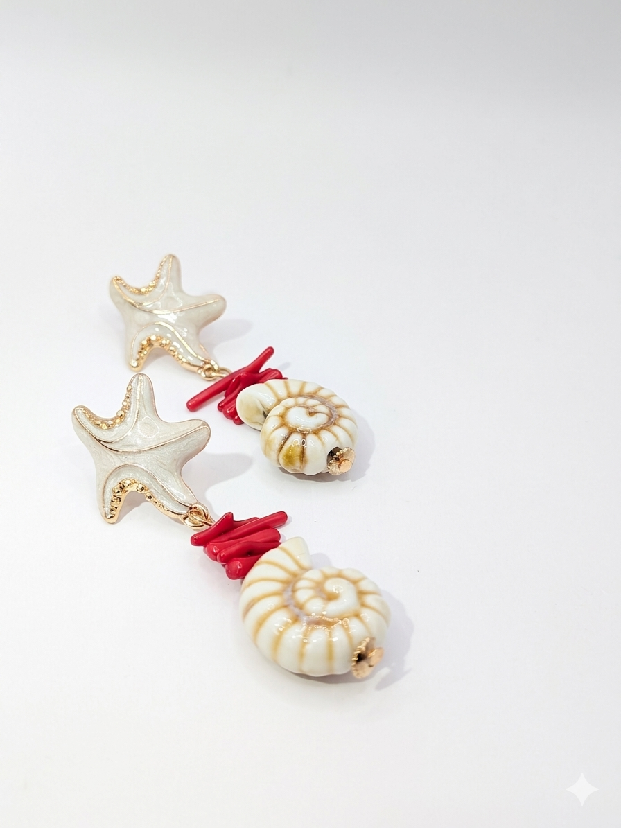 Sol  & Sea Artisanal Coastal Collection: Celestial Starfish and Oceanic Shell Drop Earrings