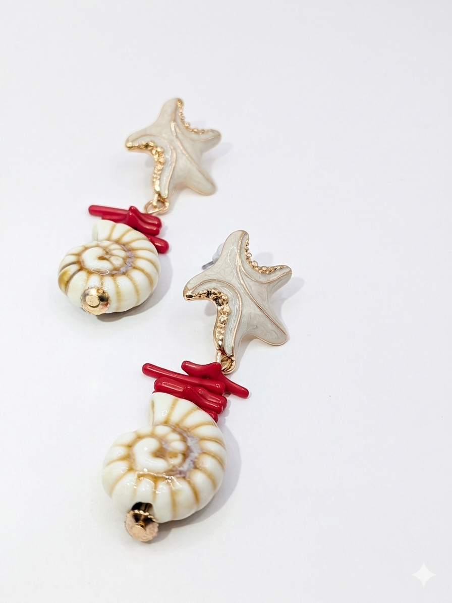 Sol  & Sea Artisanal Coastal Collection: Celestial Starfish and Oceanic Shell Drop Earrings