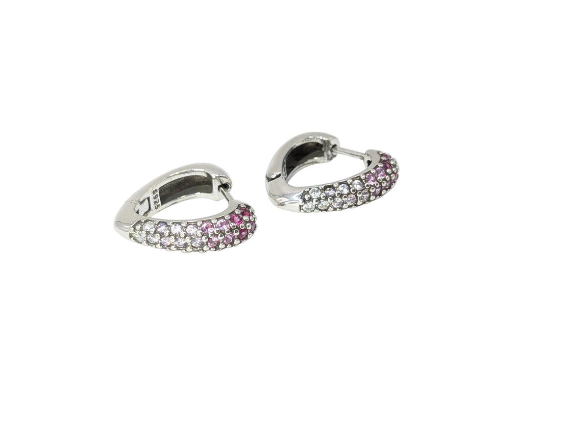 S925 Sterling Silver Heart Hoop Earrings Pink White Ombre Cubic Zirconia Huggies