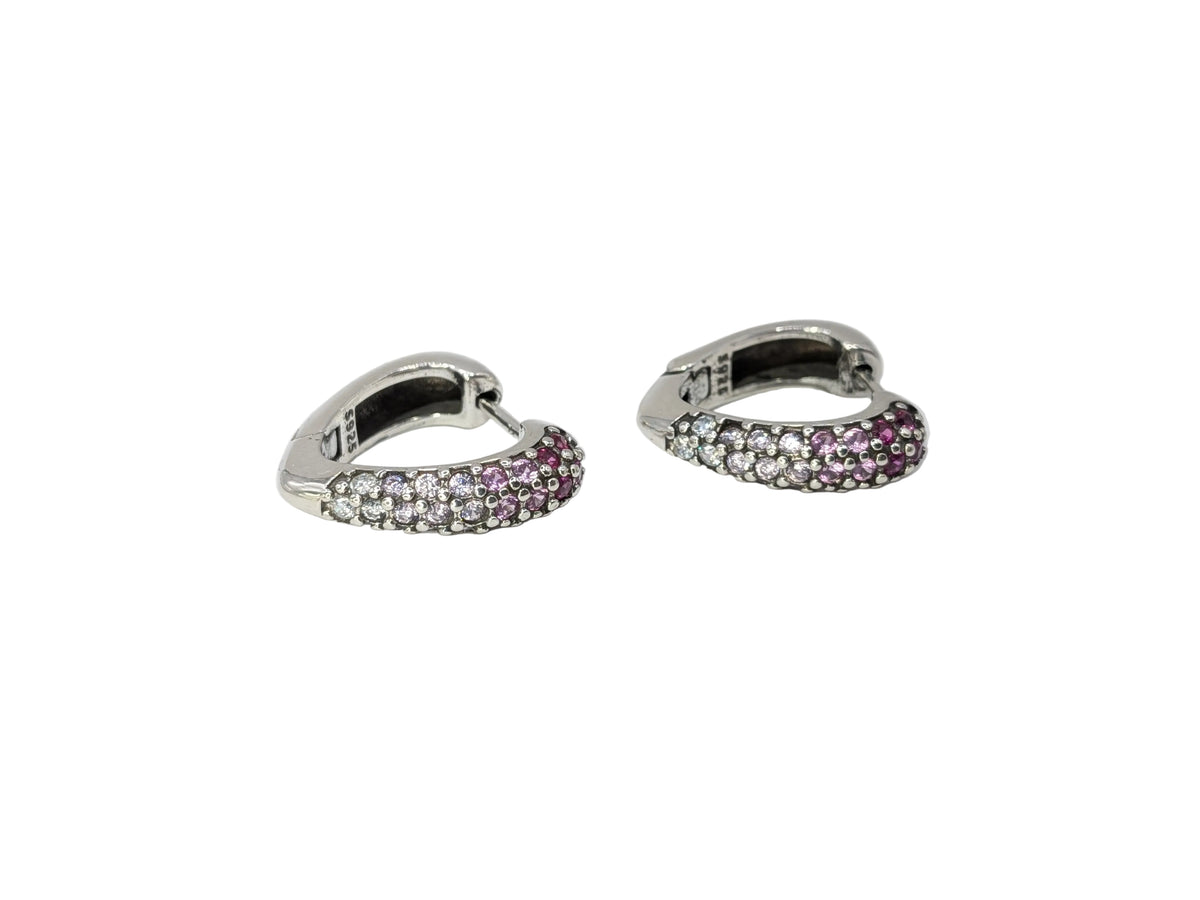 S925 Sterling Silver Heart Hoop Earrings Pink White Ombre Cubic Zirconia Huggies