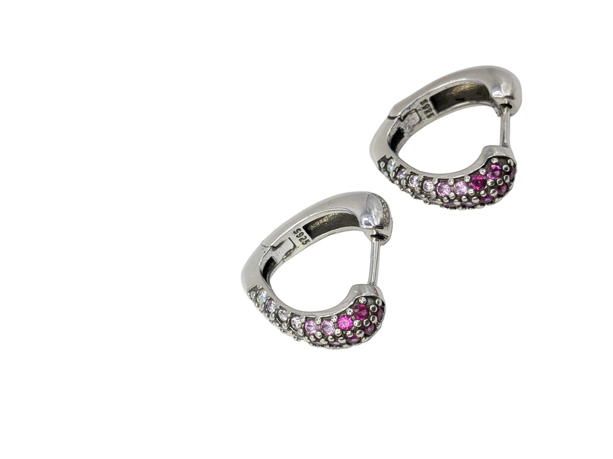 S925 Sterling Silver Heart Hoop Earrings Pink White Ombre Cubic Zirconia Huggies
