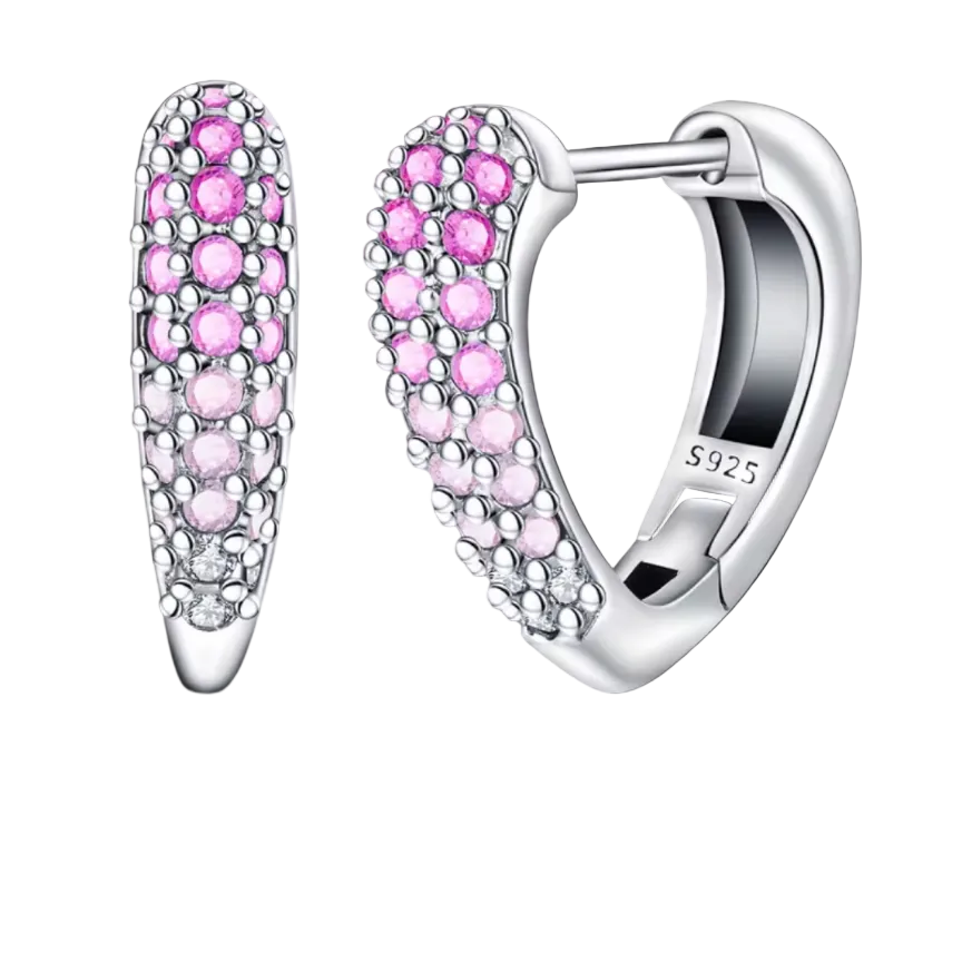 S925 Sterling Silver Heart Hoop Earrings Pink White Ombre Cubic Zirconia Huggies