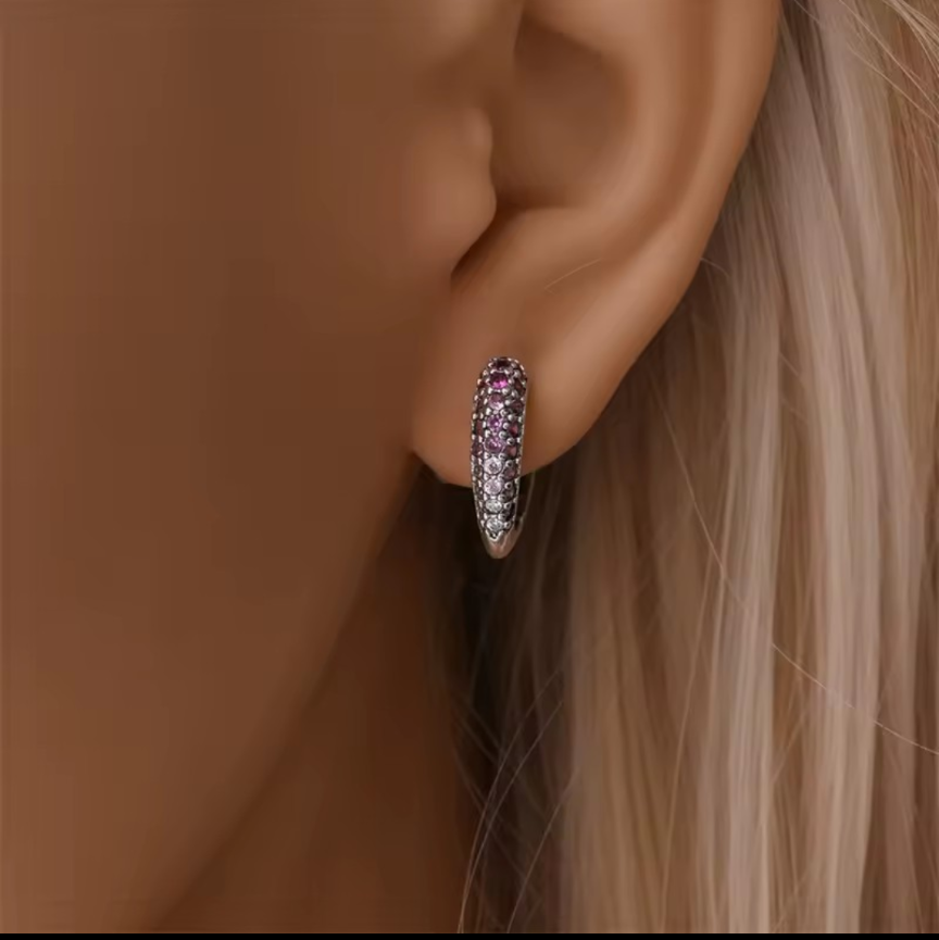 S925 Sterling Silver Heart Hoop Earrings Pink White Ombre Cubic Zirconia Huggies
