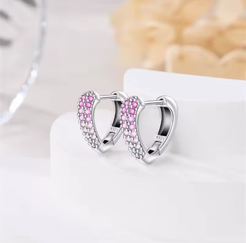 S925 Sterling Silver Heart Hoop Earrings Pink White Ombre Cubic Zirconia Huggies