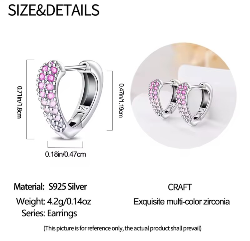 S925 Sterling Silver Heart Hoop Earrings Pink White Ombre Cubic Zirconia Huggies
