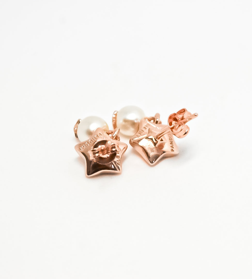 PANDORA Lucky Star Pearl Stud Earrings 14CT Rose Gold Plated