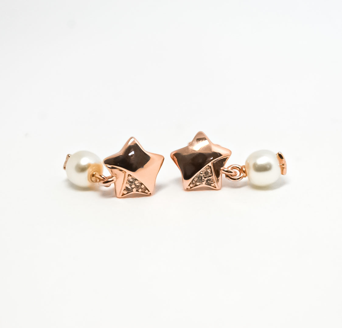 PANDORA Lucky Star Pearl Stud Earrings 14CT Rose Gold Plated