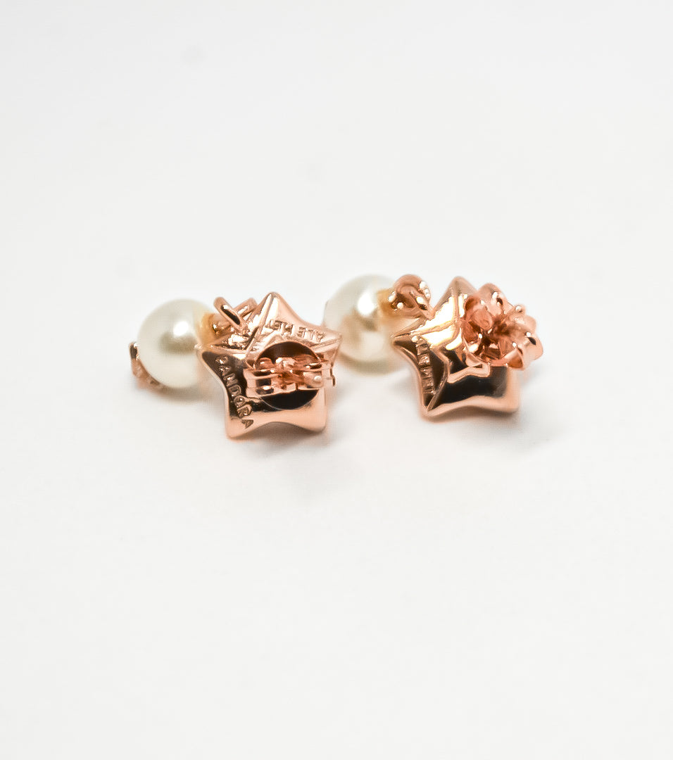 PANDORA Lucky Star Pearl Stud Earrings 14CT Rose Gold Plated