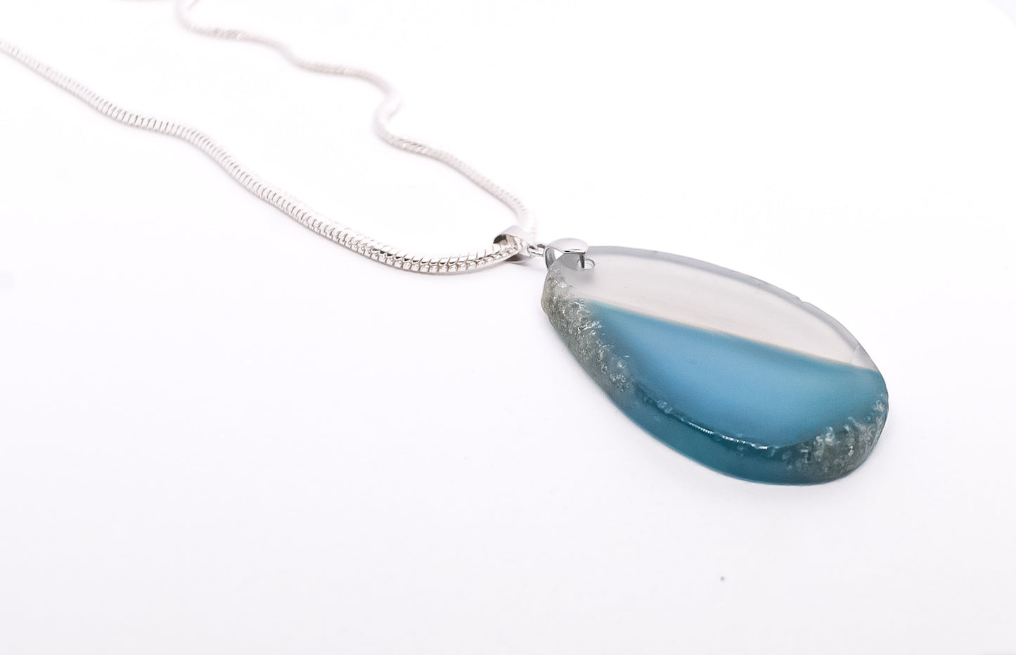 Sea  Blue Agate  Necklace pendant on chunk silver plated chain