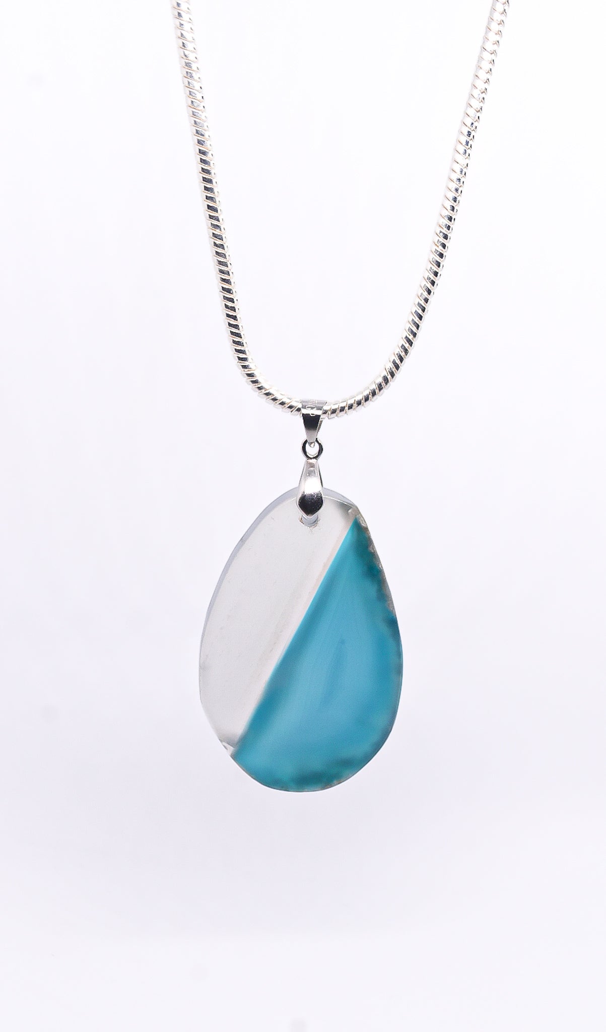 Sea  Blue Agate  Necklace pendant on chunk silver plated chain