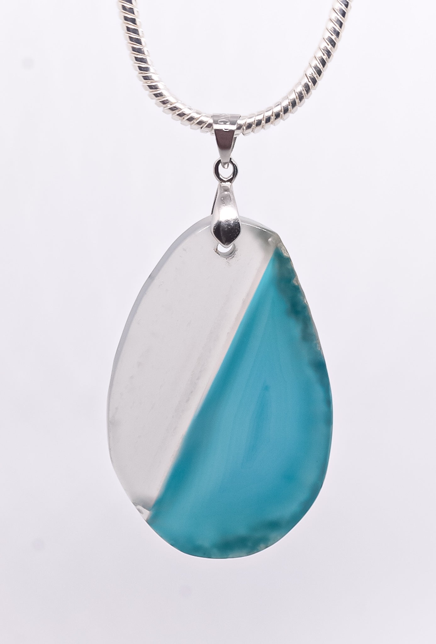 Sea  Blue Agate  Necklace pendant on chunk silver plated chain