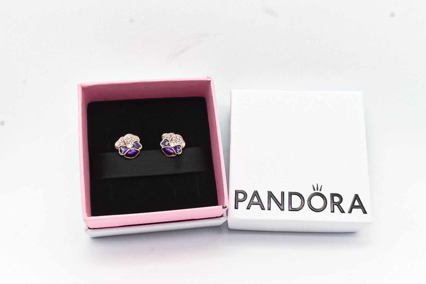 PANDORA Deep Purple Pansy Flower Stud Earrings 14K Gold Rose Plated  Sterling Silver