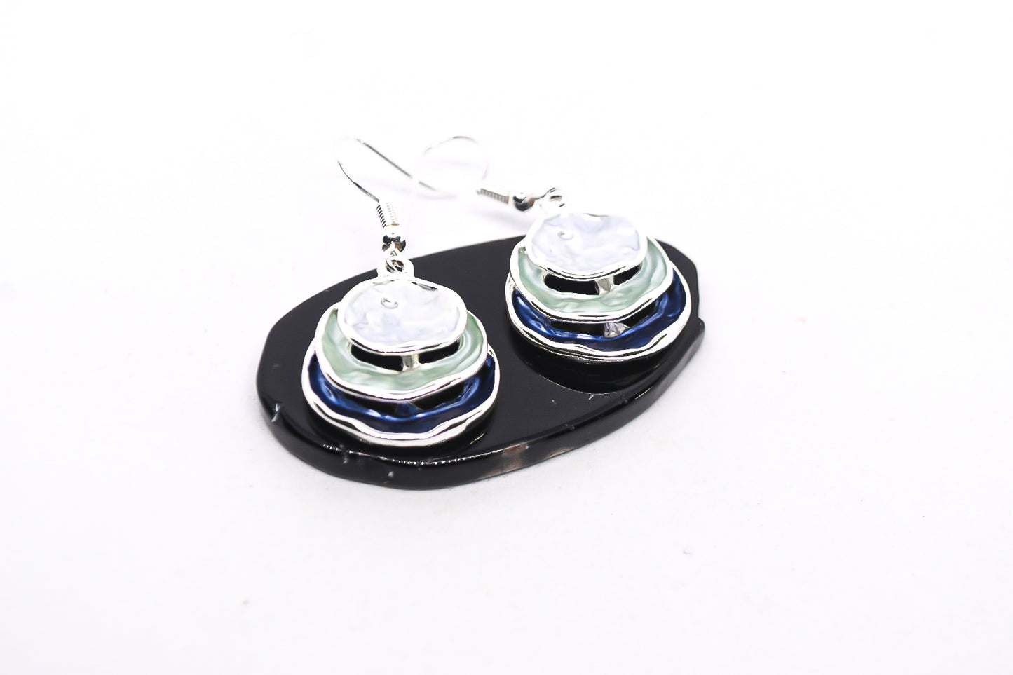 Silver Colour Charocal Blue Block Enamel Geo Round Dangle Earrings Boho