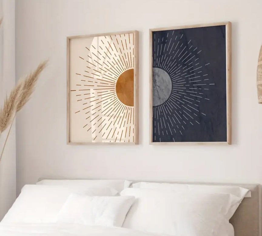 Sun & Moon Rays Canvas Boho print set 40*60 cm unframed wall art