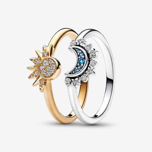 PANDORA Celestial Sparkling Sun and Moon rings Set  size 56 14K Gold Plated