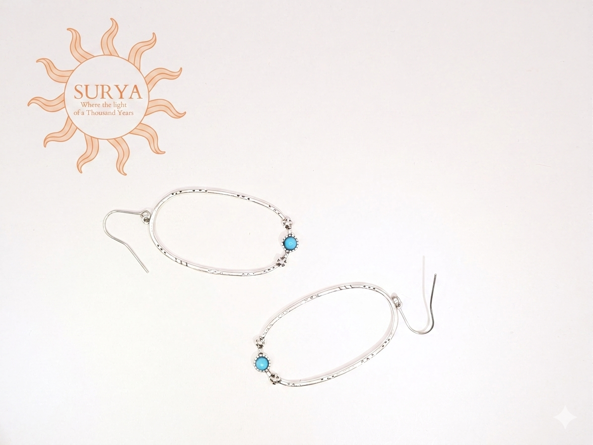 Textured Silver plated Oval Boho  Earrings Synthetic Turquoise Stone