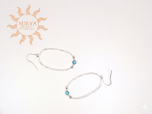 Textured Silver plated Oval Boho  Earrings Synthetic Turquoise Stone