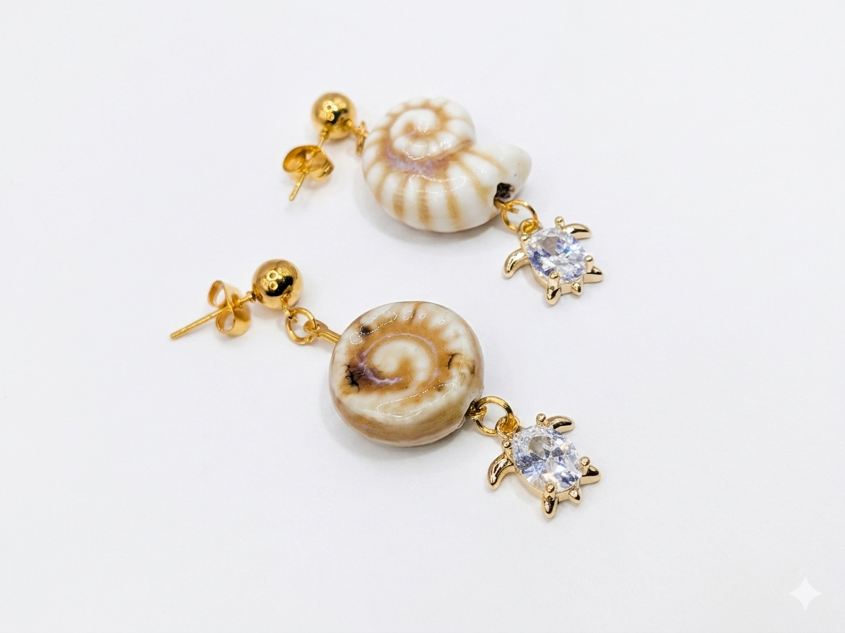 Bohemian Luxe: Handcrafted Seashell and Turtle Pendant Earrings