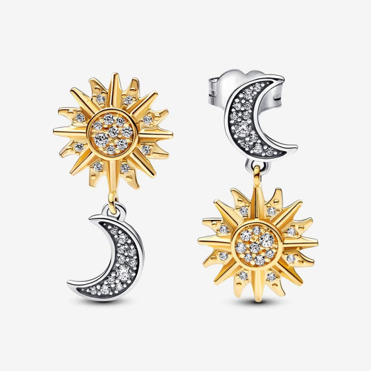 PANDORA Celestial Sun & Moon  Stud Earrings 14K Gold Plated Sterling Silver