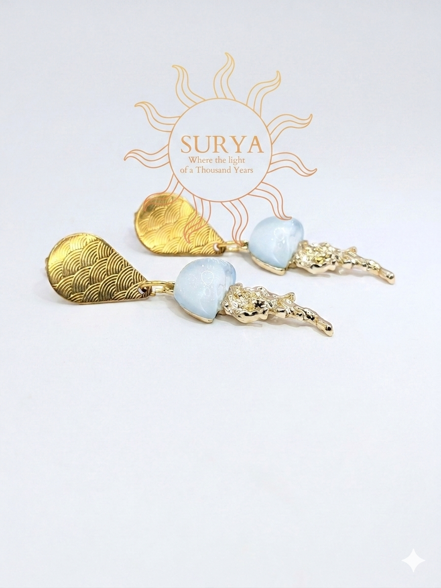 Boho Surya Statement jellyfish Earrings - Gold & Light Blue opalite