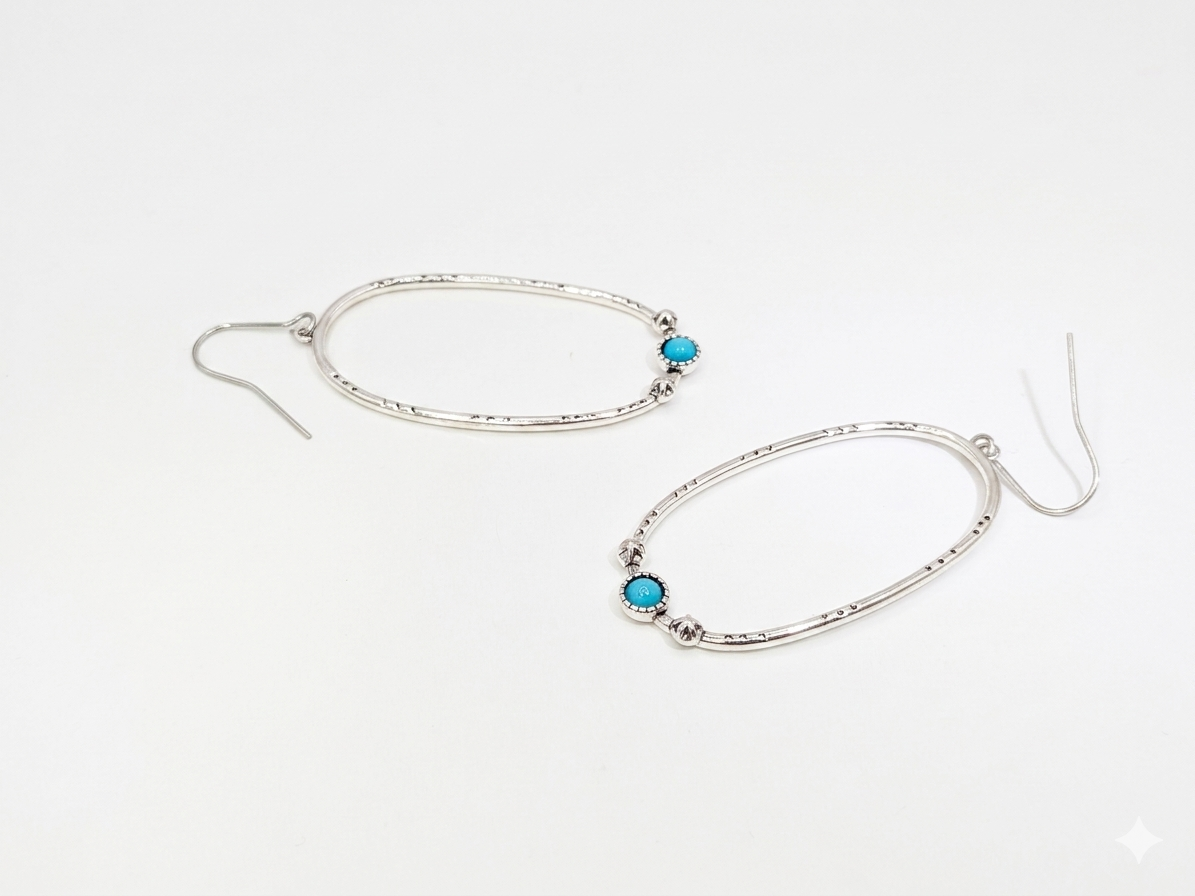 Textured Silver plated Oval Boho  Earrings Synthetic Turquoise Stone