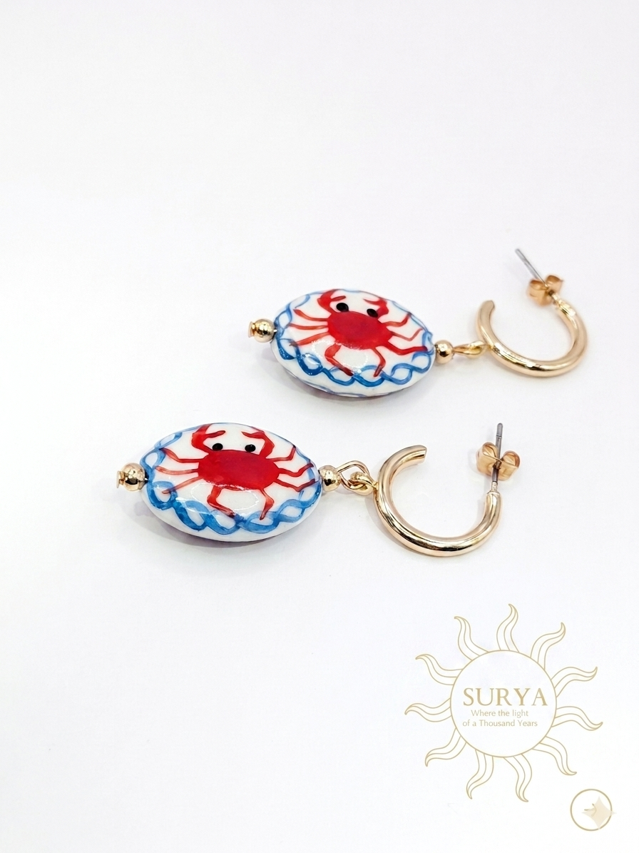 Boho Mediterranean-Inspired ceramic Crab Accent Hoops