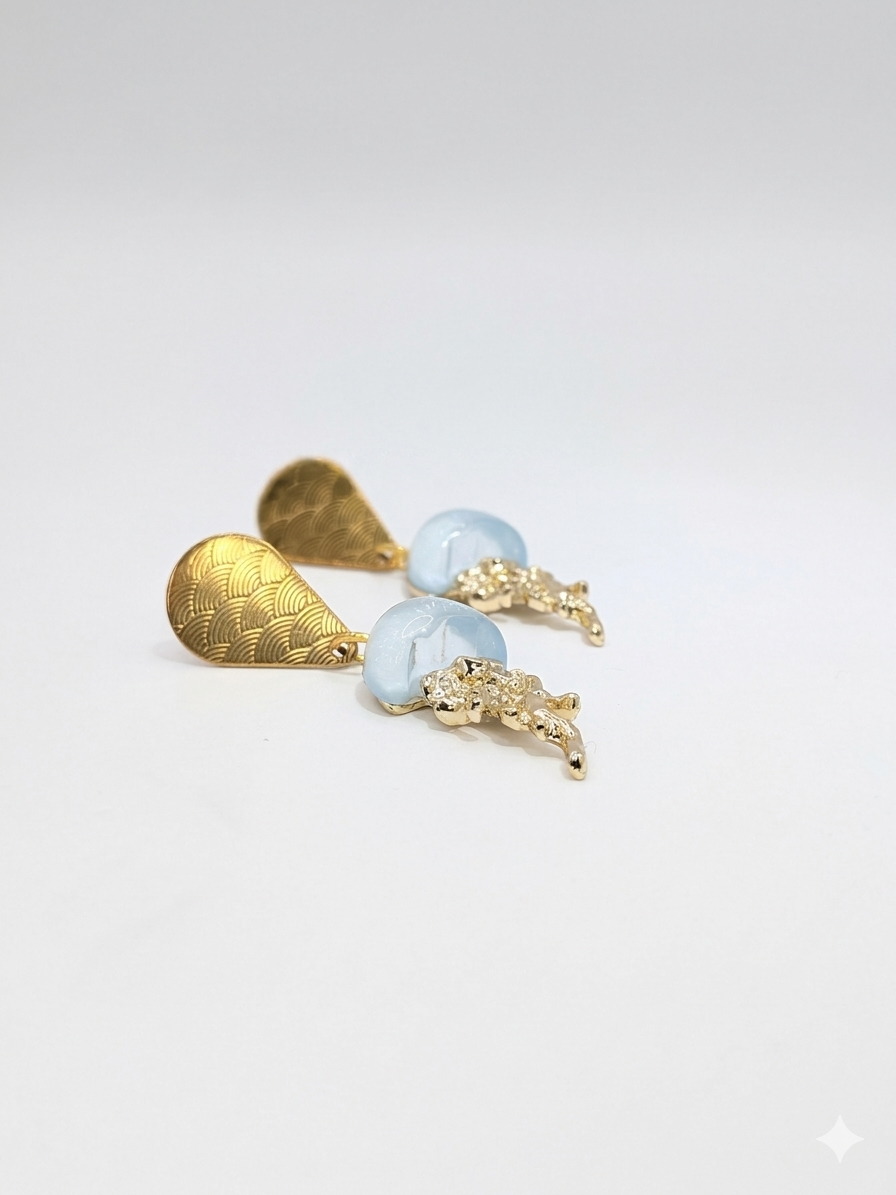Boho Surya Statement jellyfish Earrings - Gold & Light Blue opalite