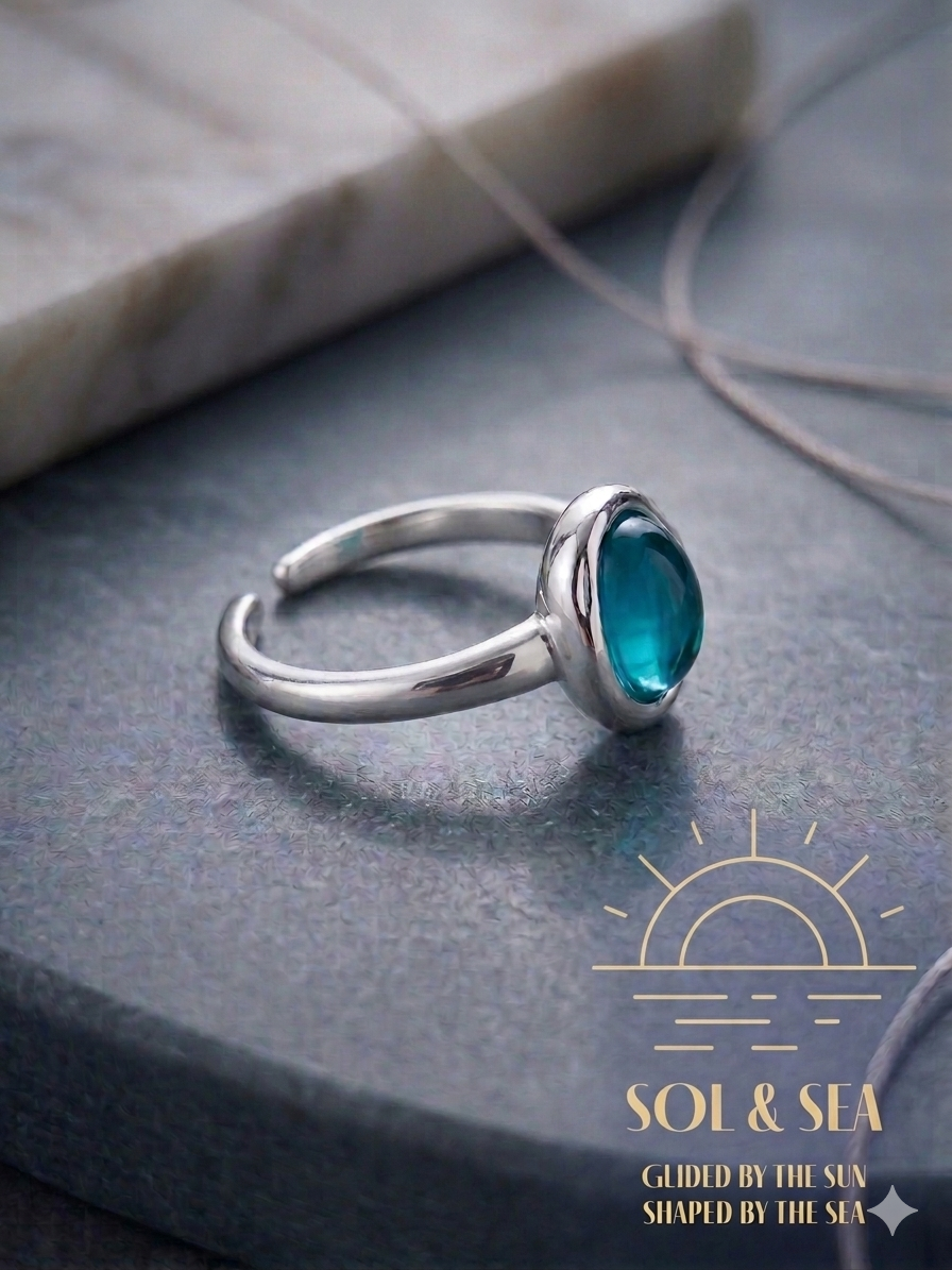Sol & Sea Azure Horizon Blue sea Sterling Silver Artisan Band ring adjustable