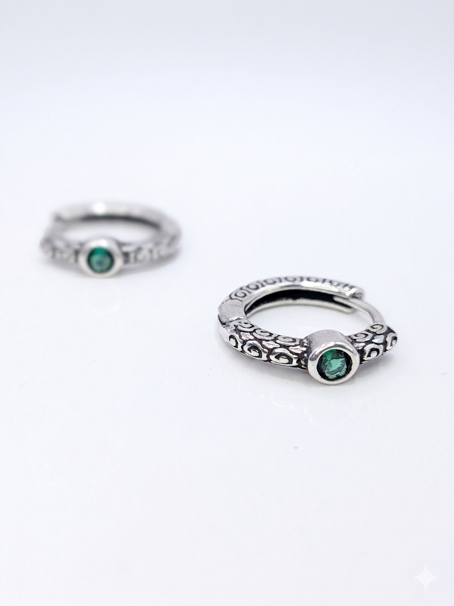 Surya ‘A Thousand Years’ Emerald & Sterling silver Oxidized Silver Huggie Earrings