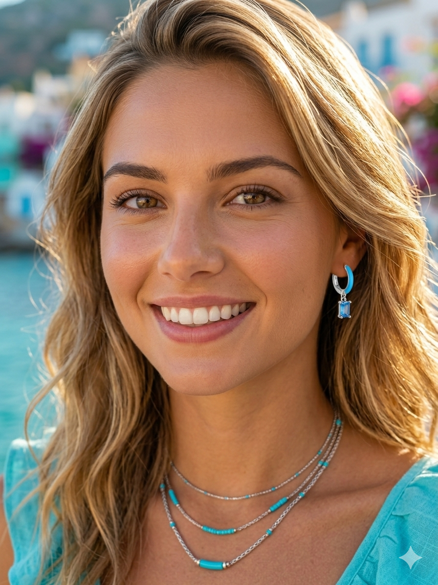 Sol & Sea Mediterranean Tide Sterling silver Enamel Hoops with dangle blue crystal