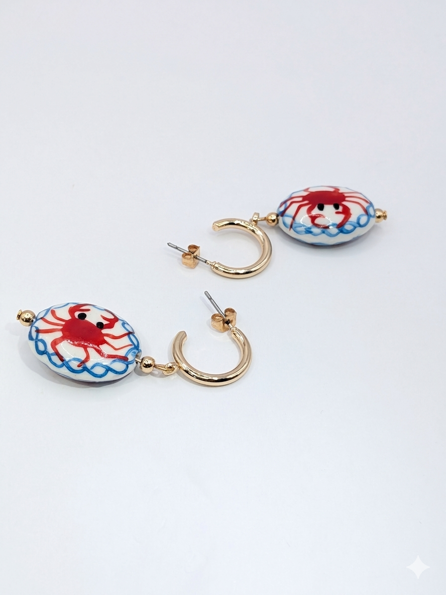 Boho Mediterranean-Inspired ceramic Crab Accent Hoops