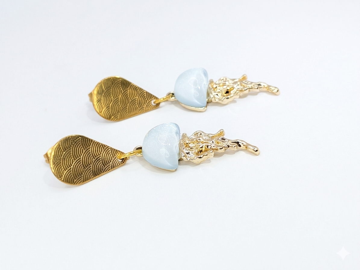 Boho Surya Statement jellyfish Earrings - Gold & Light Blue opalite