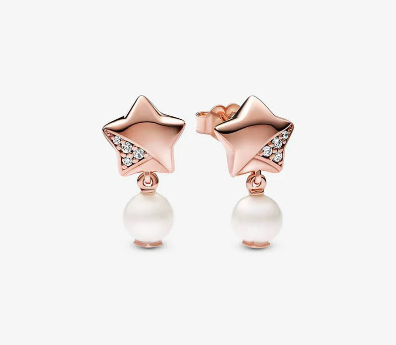 PANDORA Lucky Star Pearl Stud Earrings 14CT Rose Gold Plated