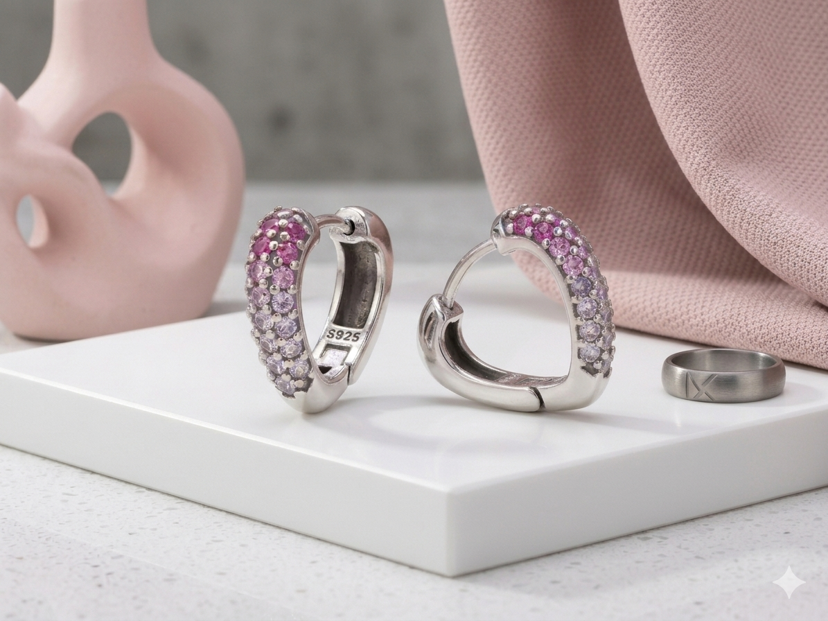 S925 Sterling Silver Heart Hoop Earrings Pink White Ombre Cubic Zirconia Huggies