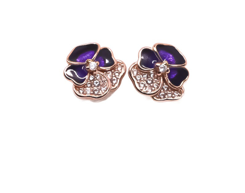 PANDORA Deep Purple Pansy Flower Stud Earrings 14K Gold Rose Plated  Sterling Silver