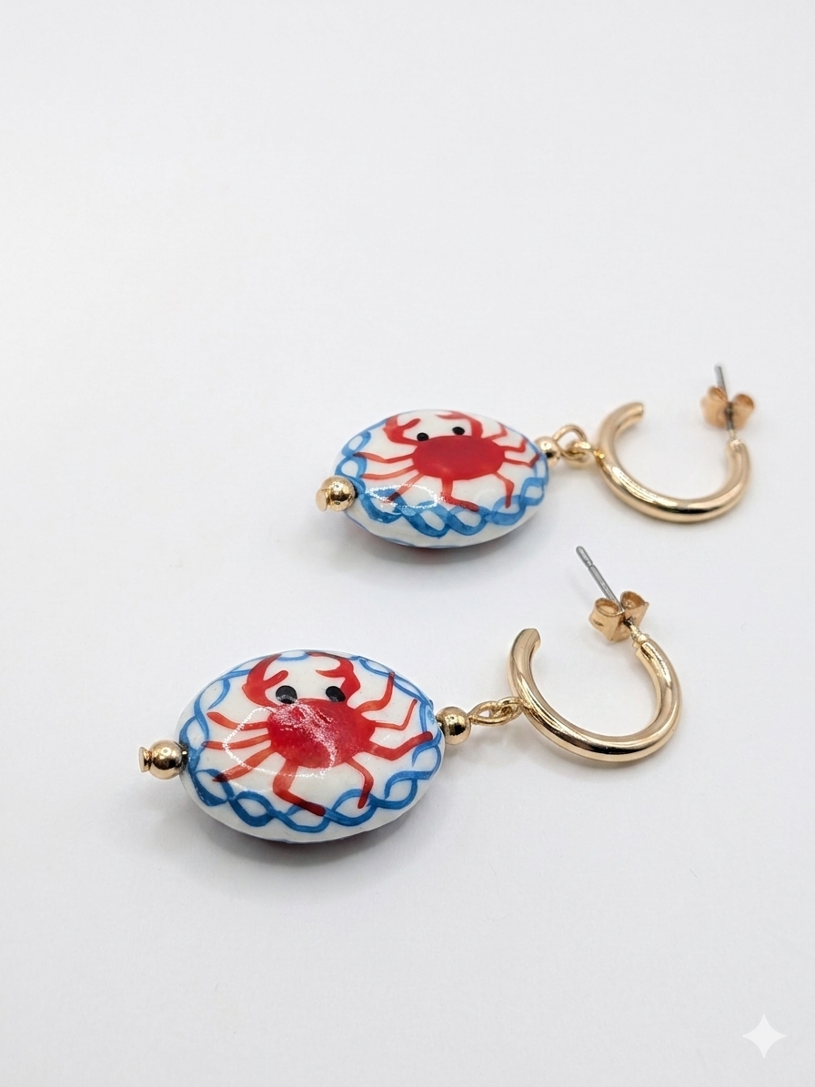 Boho Mediterranean-Inspired ceramic Crab Accent Hoops