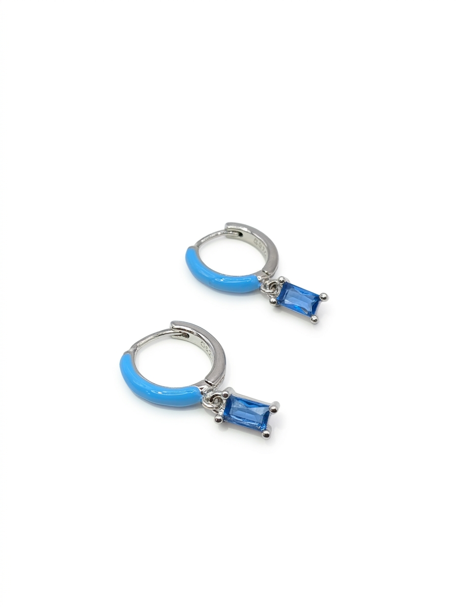 Sol & Sea Mediterranean Tide Sterling silver Enamel Hoops with dangle blue crystal