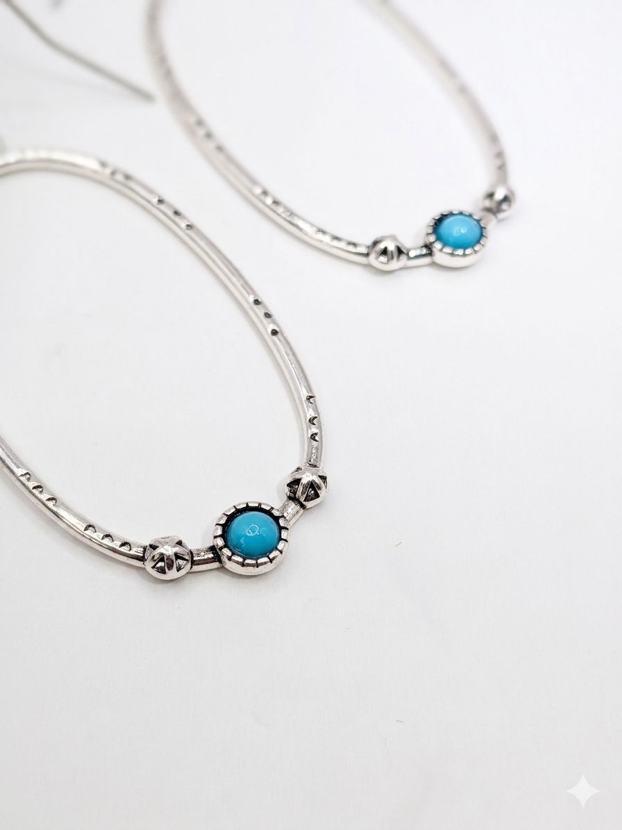Textured Silver plated Oval Boho  Earrings Synthetic Turquoise Stone